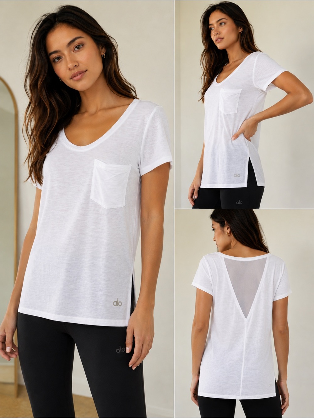 Alo Yoga White Pocket Tee Mesh Back Ultra Soft Lightweight Size S